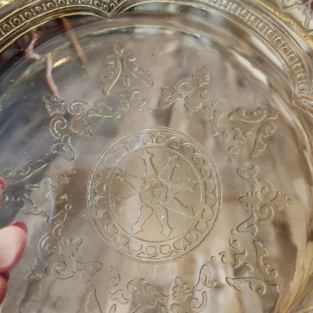 Vintage Amber Depression Glass Scalloped Serving Platter Embossed Floral 11 in